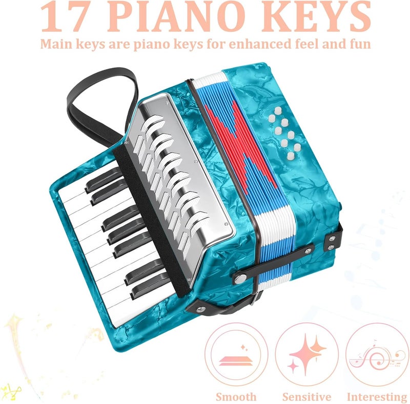 LOTKEY 17 Key Piano Accordion, 8 Bass Kids Accordion, Celluloid Body, Metal Cover Accordions Louder Clearer Timbre Than Plastic, Lightweight Design for Children, Beginners to Practice (Azure Blue) - Image 3